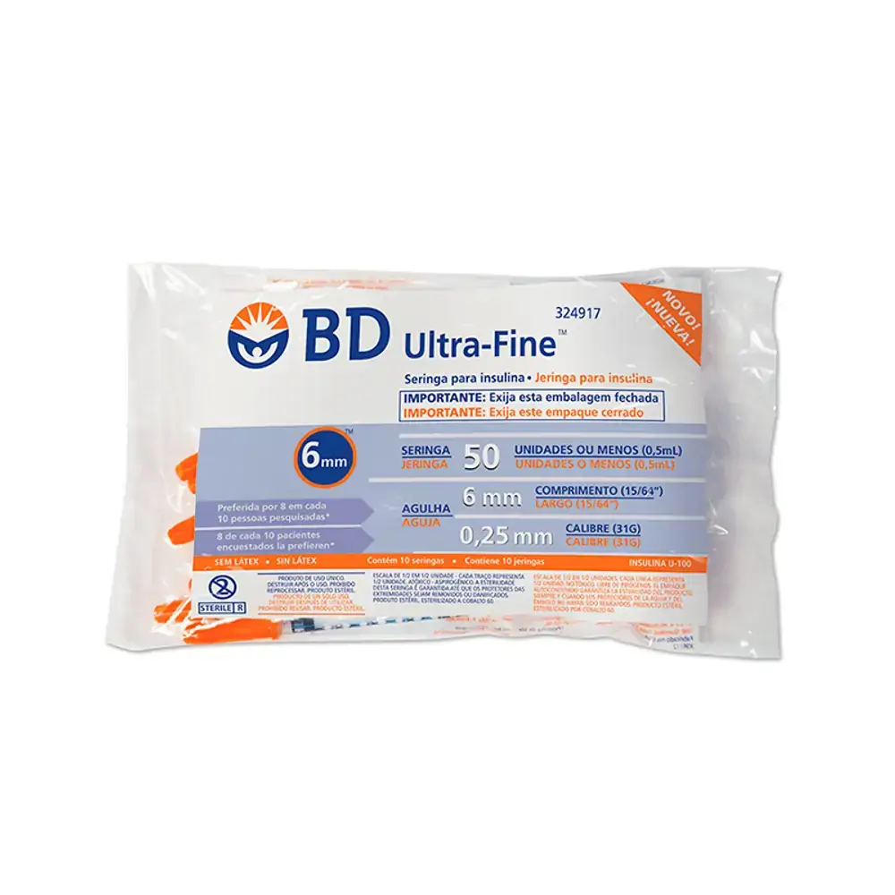 Seringa Bd Ultra-fine Insulina 50u Agulha 6mm com 10 Unidades - Seringa BD Ultra-Fine Insulina 50U A