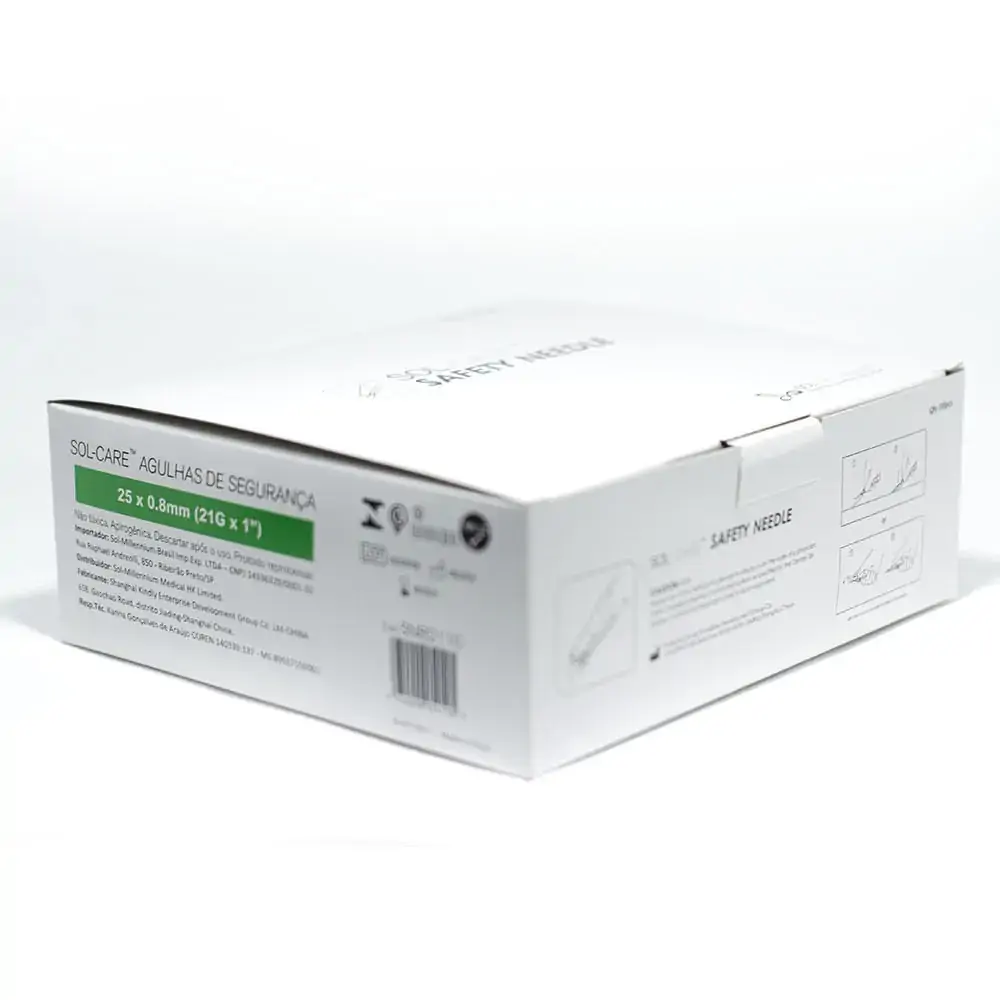 Agulha Hipodérmica Com Dispositivo De Segurança - 25X8 - Verde - Com 100 Unidades - Sol-Care