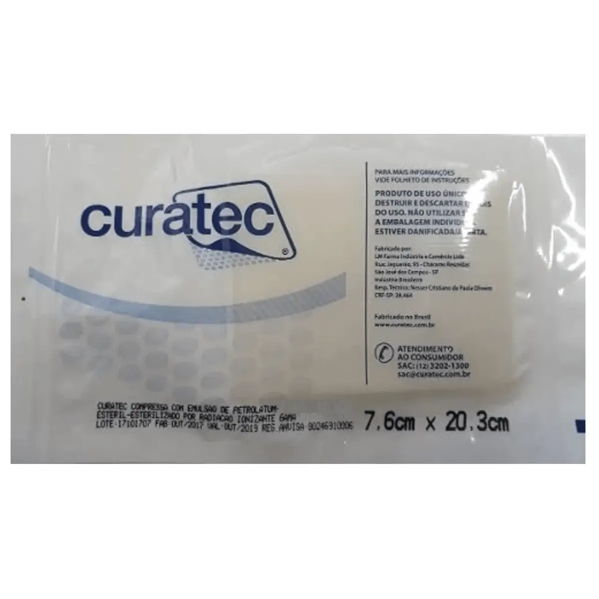 Curativo Compressa com Emulsão de Petrolatum 7,6 x 20,3cm - 6un - Curatec
