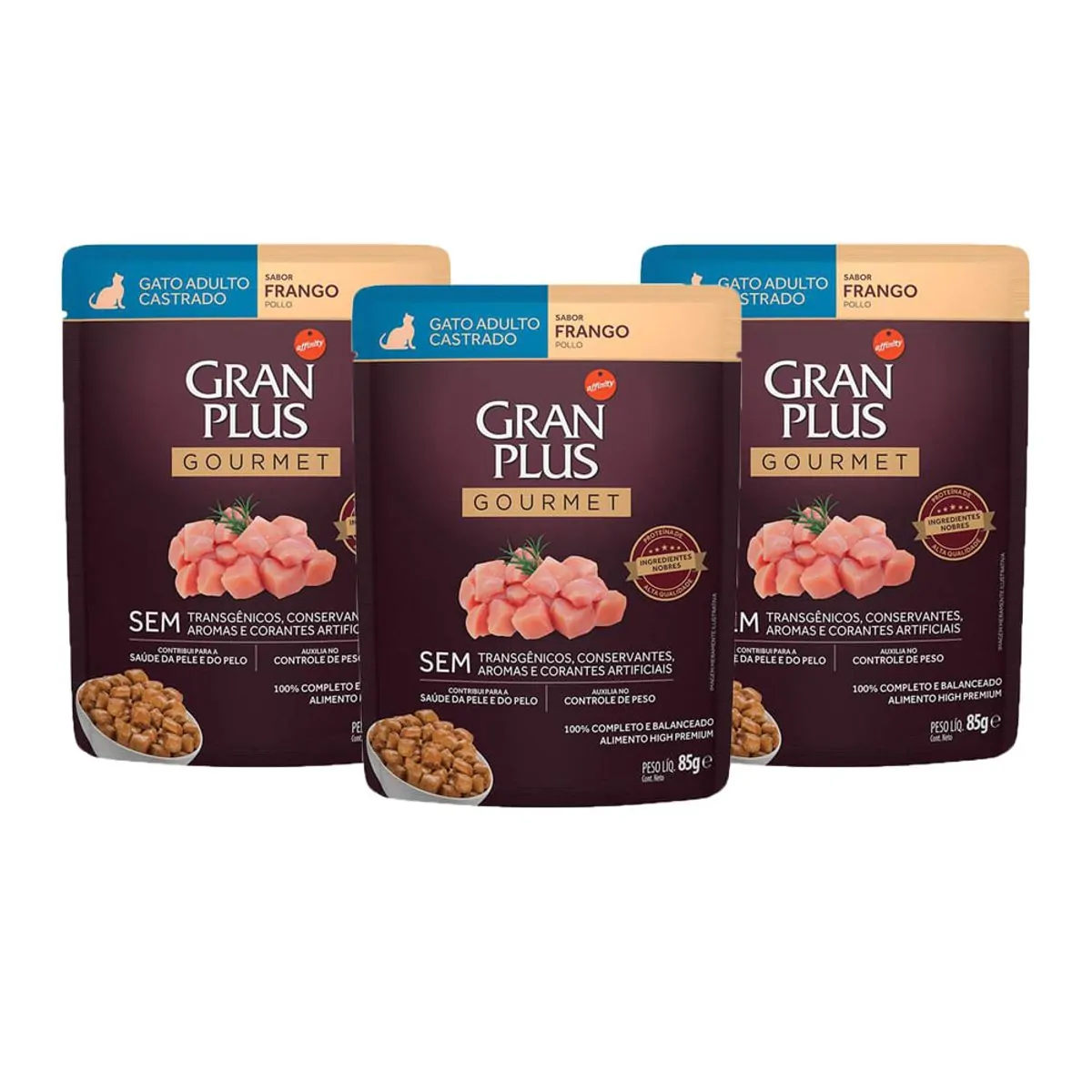 Ração Úmida Gran Plus Gourmet Gatos Adultos Castrado Frango Sachê 85g com 3 Unidades