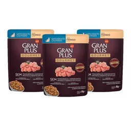 Ração Úmida Gran Plus Gourmet Gatos Adultos Castrado Frango Sachê 85g com 3 Unidades