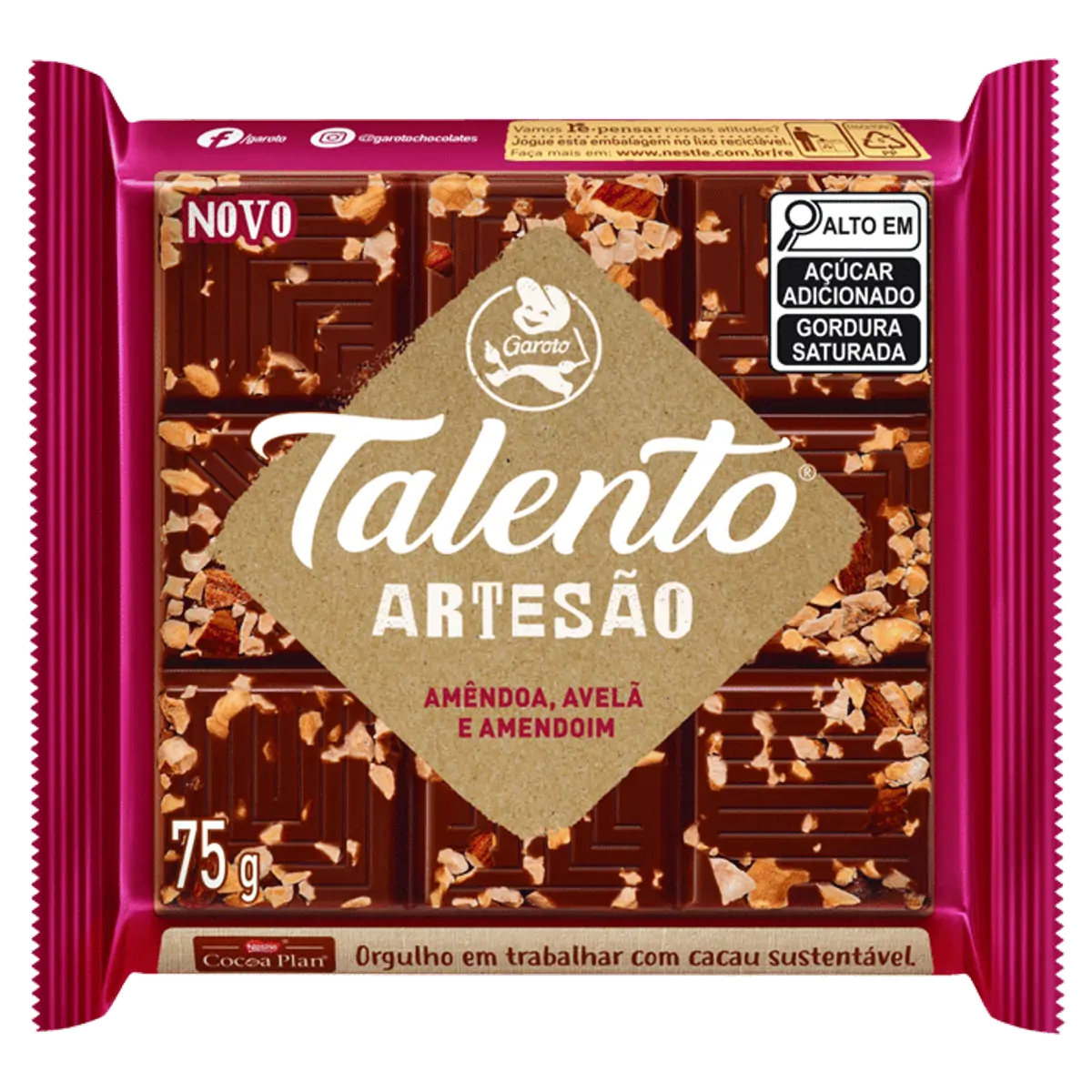 Chocolate Talento Artesão ao Leite Amêndoa, Avela e Amendoim 75g