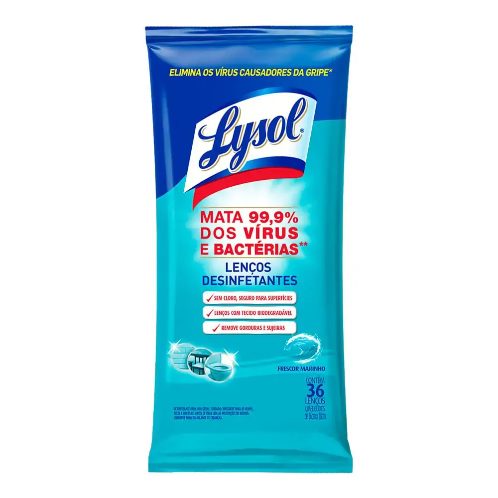 Lenços Desinfetantes Lysol Frescor Marinho 36 Unidades