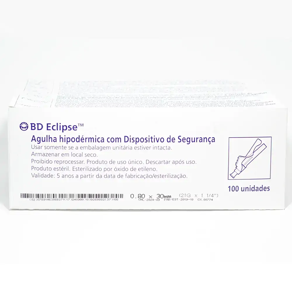 Agulha Hipodérmica Com Dispositivo De Segurança - 30 X 0.80 Mm - 21G 1 1/4 - Com 100 Unidades - Verd