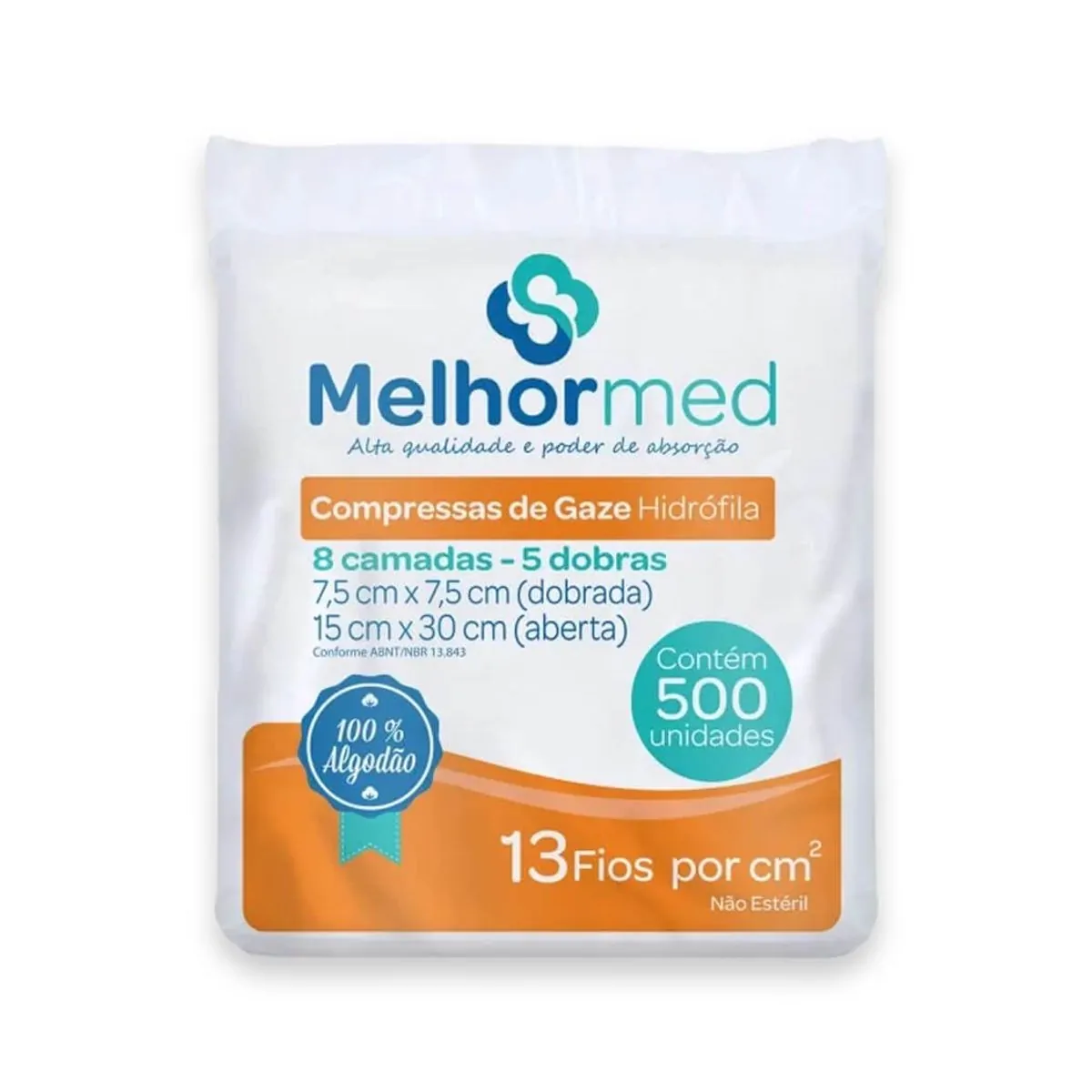 Compressa De Gaze Não Estéril Hidrófila 13 Fios com 500 7,5x7,5 cm - Melhormed