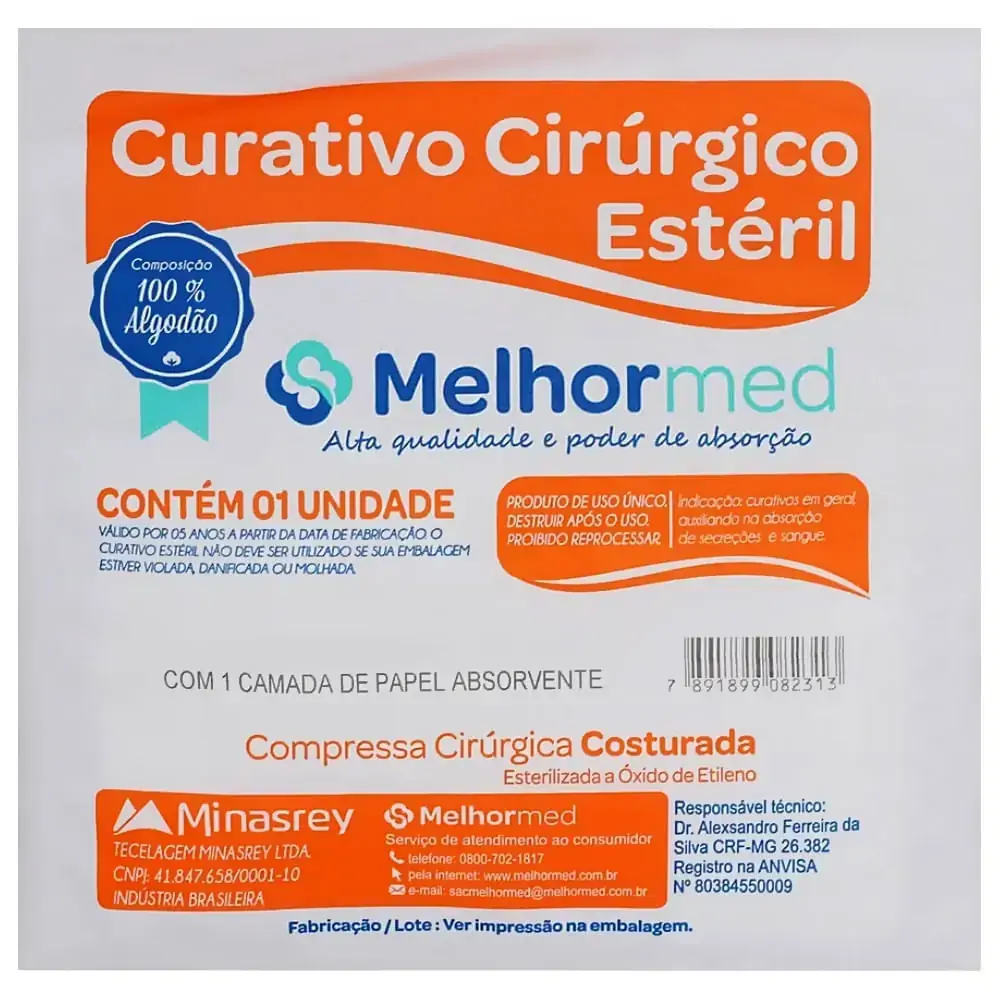 Compressa Cirúrgica Costurada Melhormed - Com Camada De Papel Absorvente - 15X60Cm - Estéril