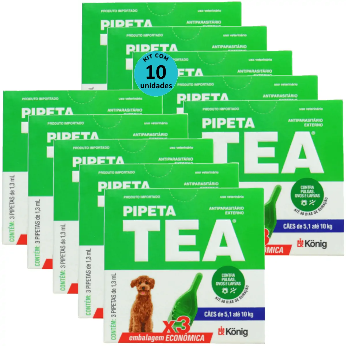 Pipeta Tea 1,3 ml Antiparasitário Contra Pulgas P/ Cães de 5,1 até 10 Kg C/ 3 unid. Kit C/ 10 Cxs