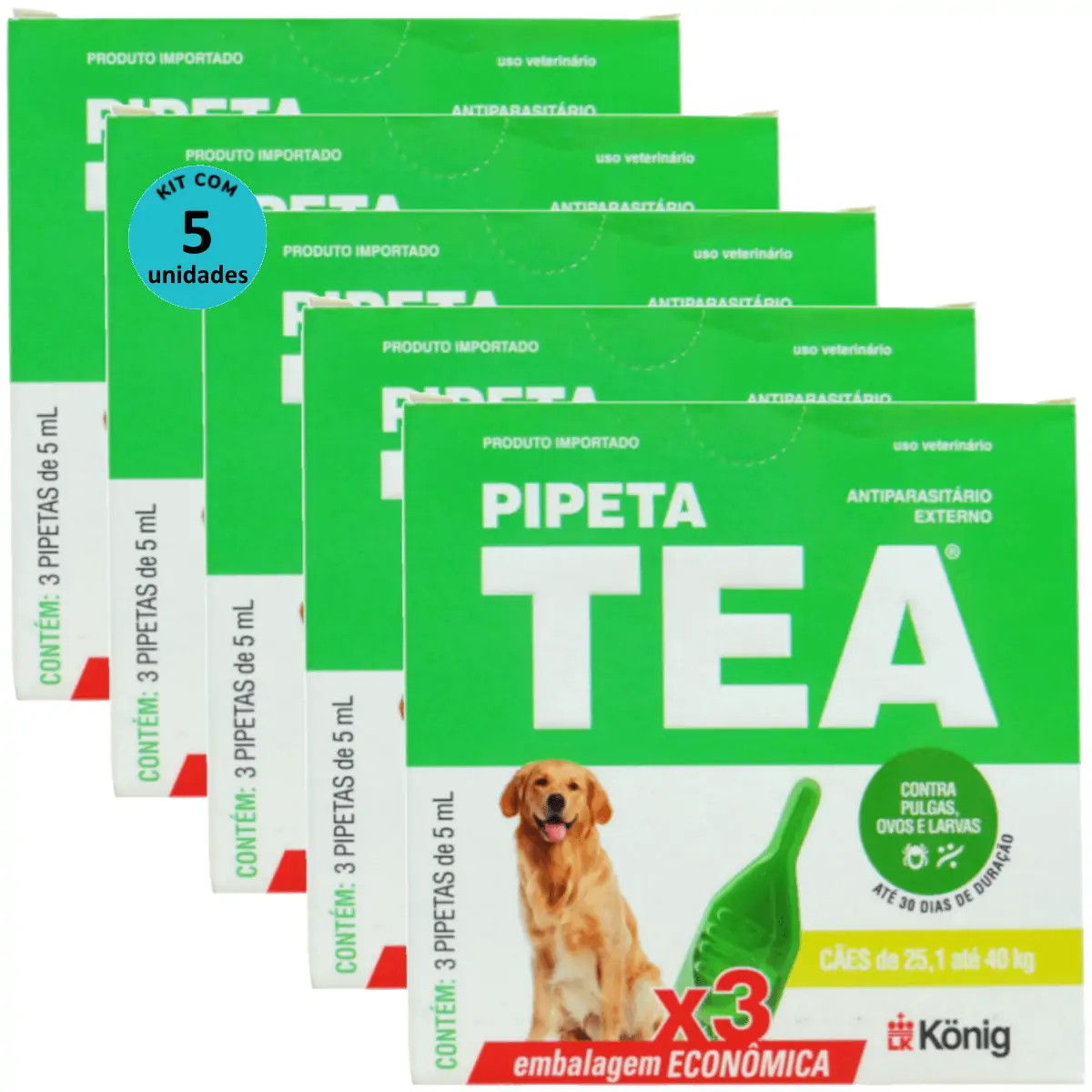 Pipeta Tea 5 ml Antiparasitário Contra Pulgas P/ Cães de 25,1 até 40 Kg C/ 3 unid. Kit C/ 5 Cxs