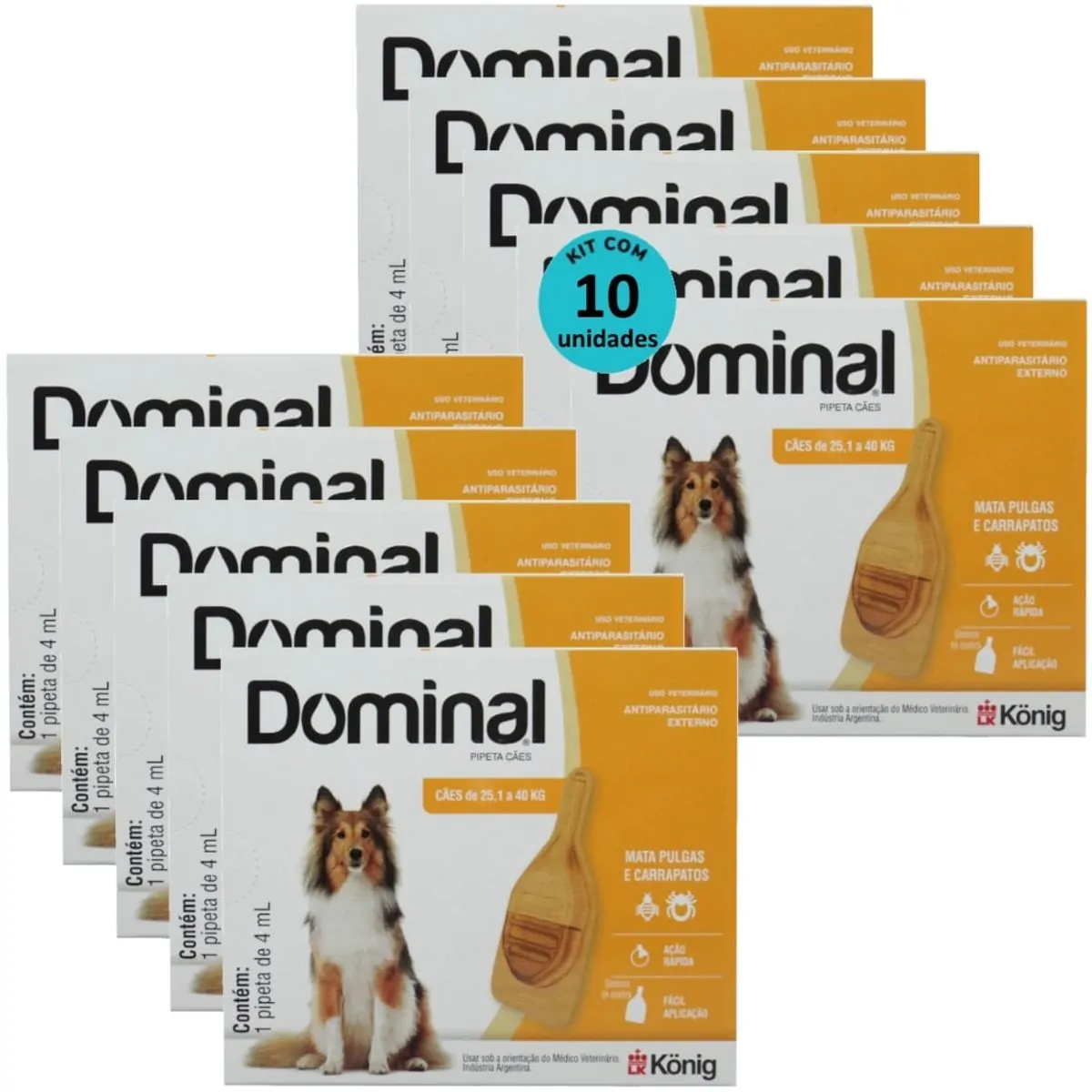 DOMINAL PIPETA PARA CÃES 25,1 A 40KG 4ML LARANJA KIT COM 10 PREVENÇÃO PULGAS E CARRAPATOS