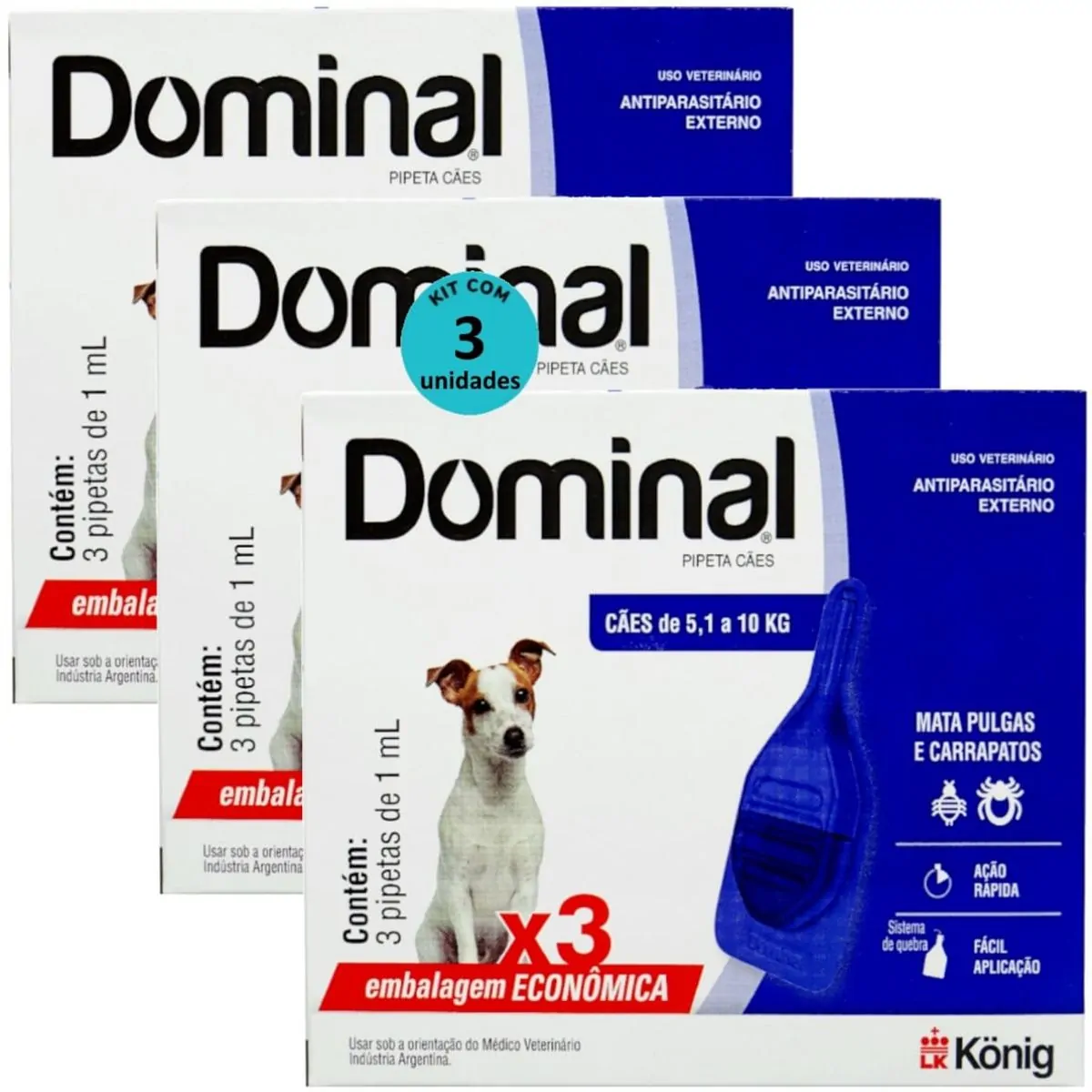 DOMINAL PIPETA PARA CÃES 5,1 A 10KG 1ML AZUL COM 3 UNID. KIT COM 3 CXS