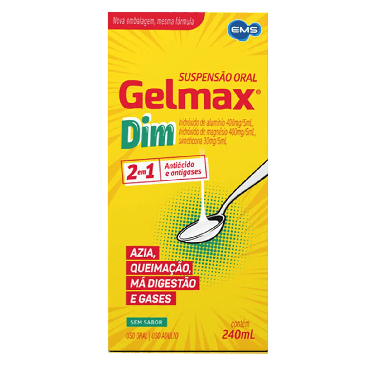 Antiácido e Antigases Gelmax Dim 400mg/5ml + 400mg/5ml + 30mg/5ml 240ml