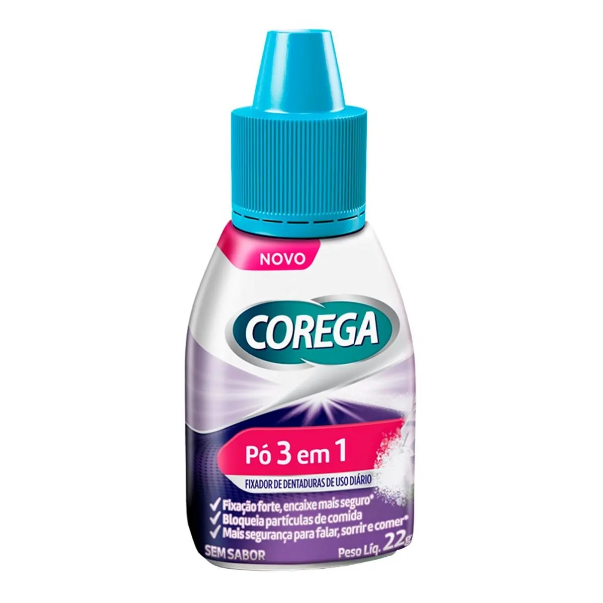 Fixador de Dentadura Corega em Pó 3 em 1 Forte Fixação Sem Sabor 22g