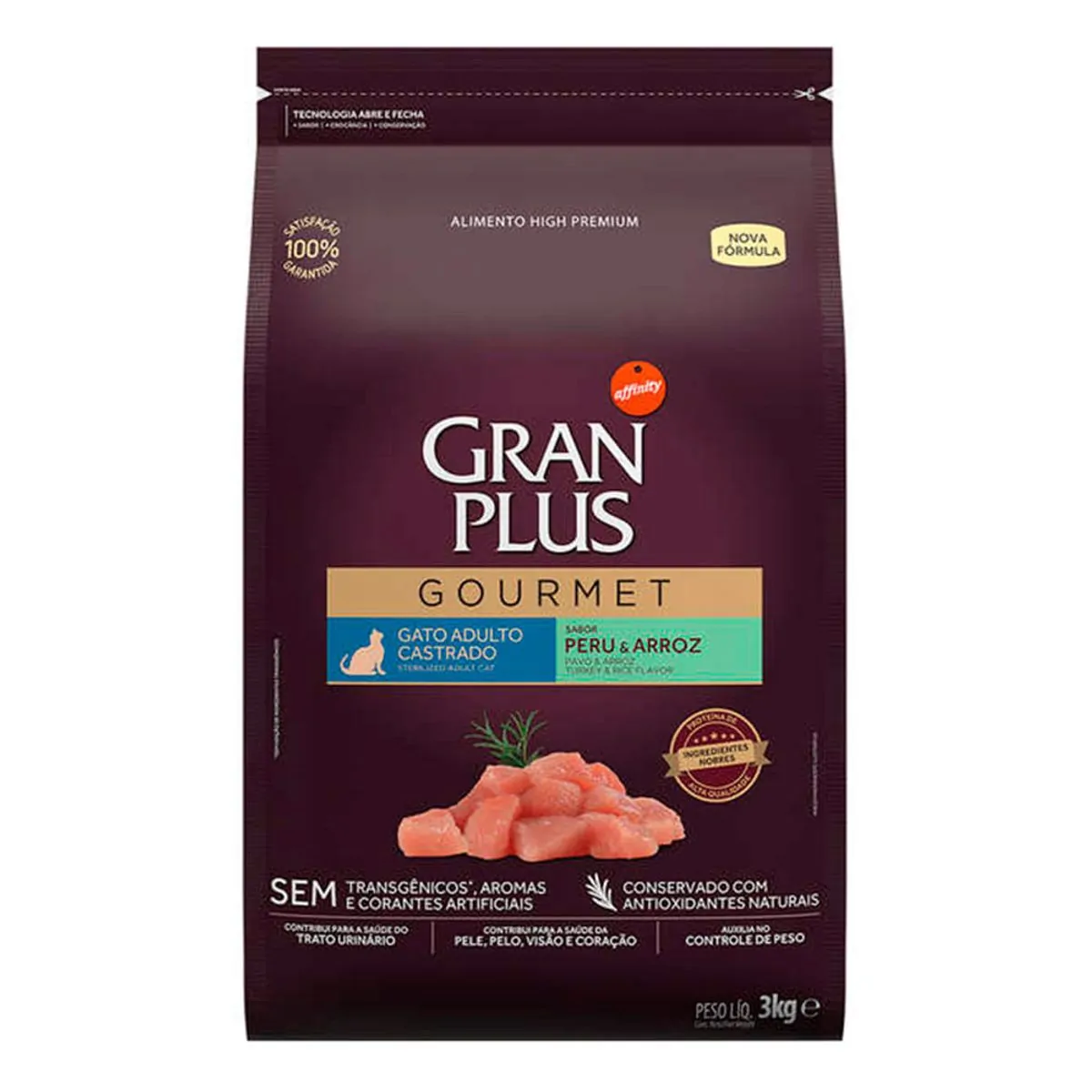 Ração Gran Plus Gourmet Gatos Adultos Castrados Peru e Arroz 3kg