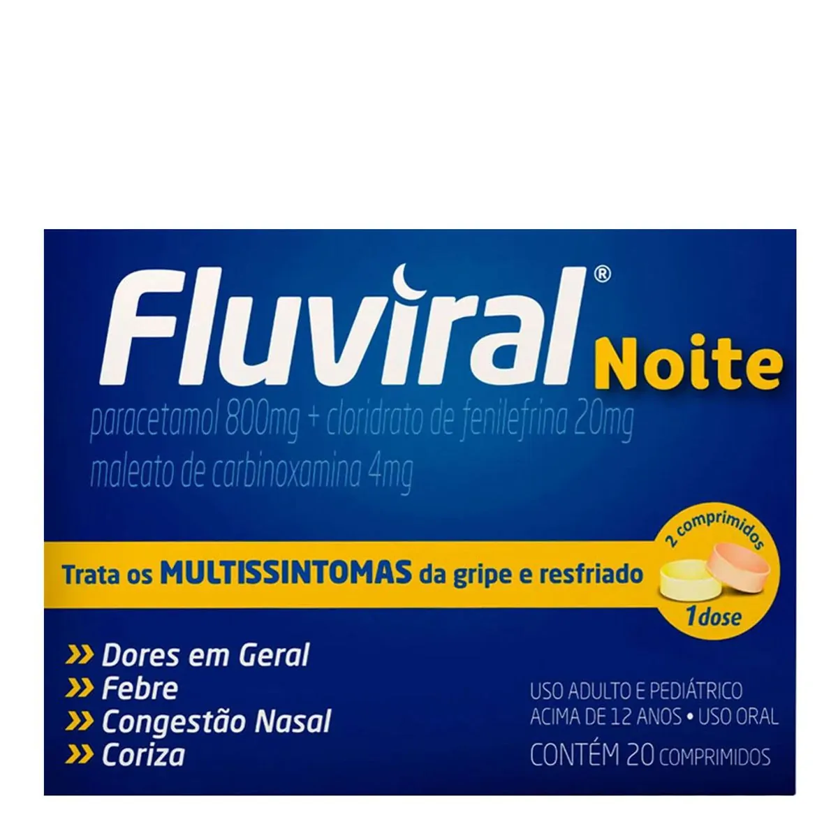 Antigripal, Analgésico, Antitérmico e Descongestionante Fluviral Noite 800mg + 20mg + 4mg 20 Comprim