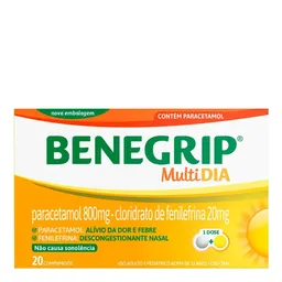 Antigripal, Analgésico, Antitérmico e Descongestionante Benegrip Multi Dia 800mg + 20mg 20 Comprimid