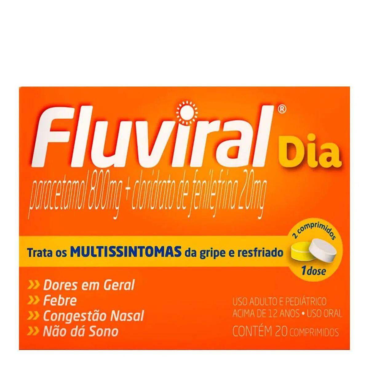 Antigripal, Analgésico, Antitérmico e Descongestionante Antigripal Fluviral Dia 800mg + 20mg 20 Comp