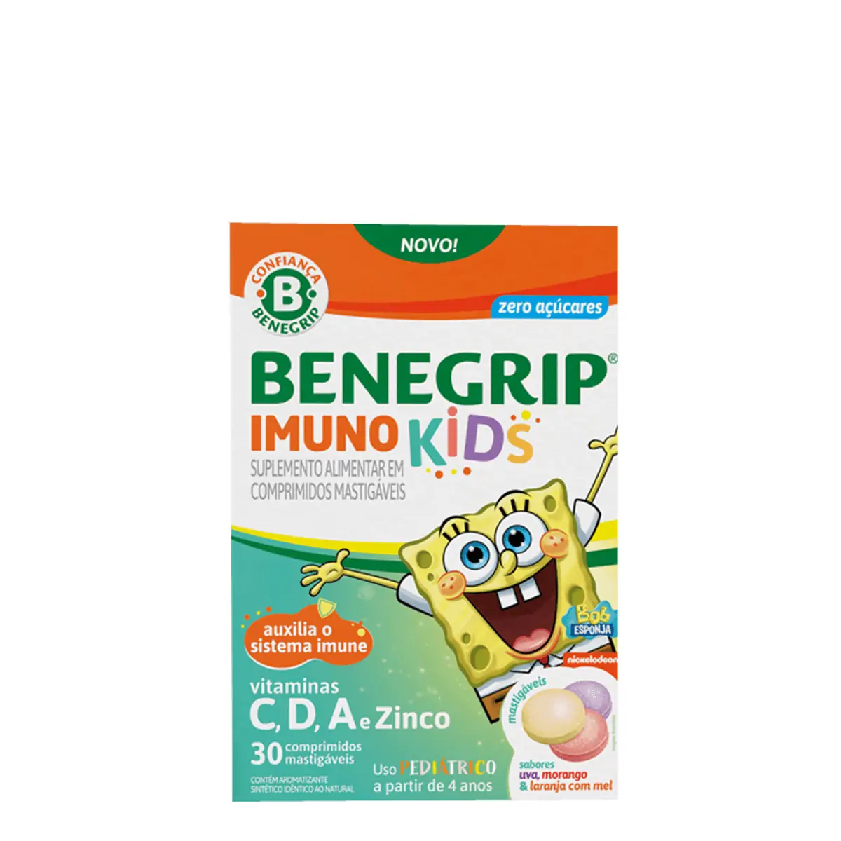 Suplemento Alimentar Benegrip Imuno Kids Uva, Morango ou Laranja com Mel 30 Comprimidos Mastigáveis