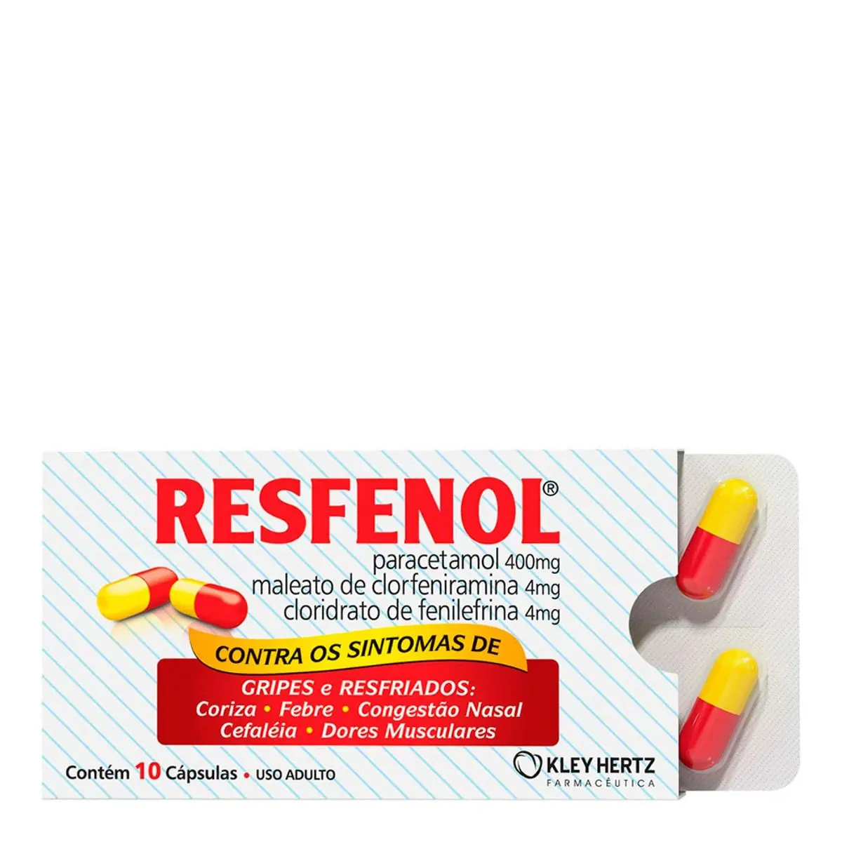 Antigripal, Analgésico, Antitérmico e Descongestionante  Resfenol 400mg + 4mg + 4mg 10 Cápsulas