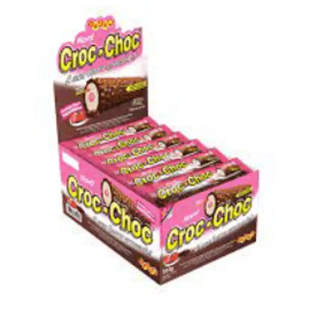 Barra com cobertura com crispies sabor chocolate e recheio sabor morango caixa com 24 unidades de 16
