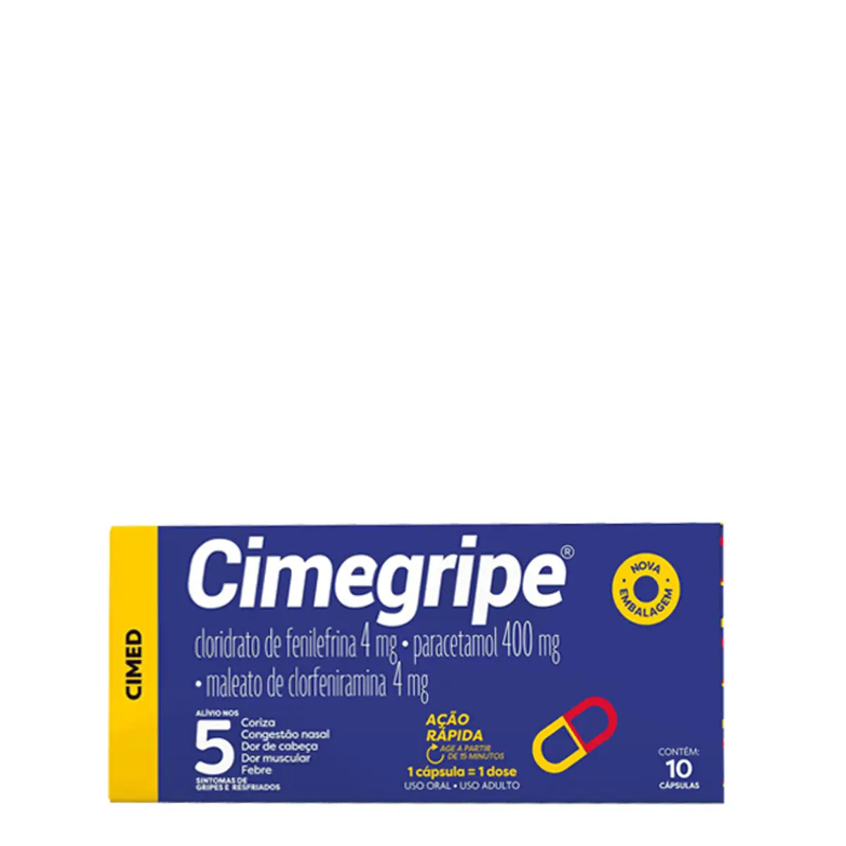 Analgésico, Antitérmico e Antigripal Cimegripe 400mg + 4mg + 4mg 10 Cápsulas