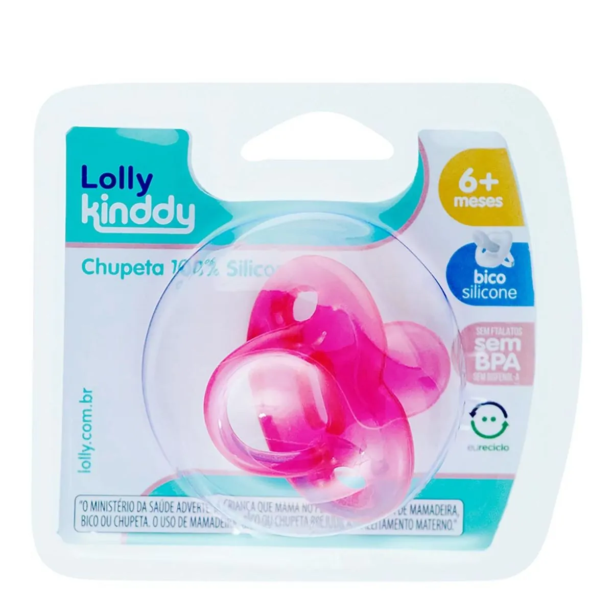 Chupeta Lolly Kinddy Rosa Silicone 6+ Meses 1 Unidade