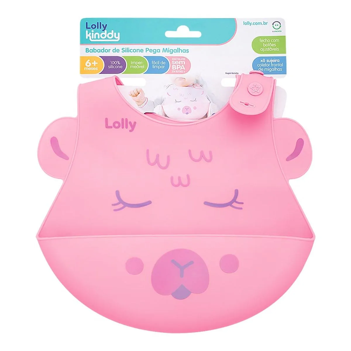 Babador Lolly Kinddy Pega-Migalhas Rosa Silicone 1 Unidade
