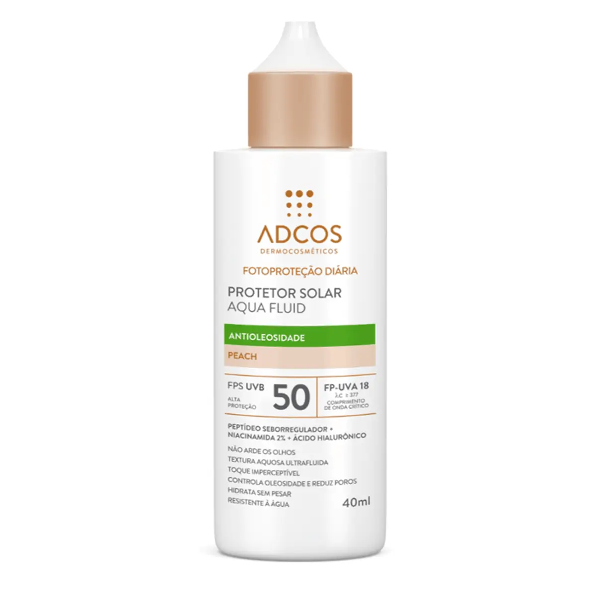 Protetor Solar Facial Adcos FPS 50 Aqua Fluid Antioleosidade Peach 40ml