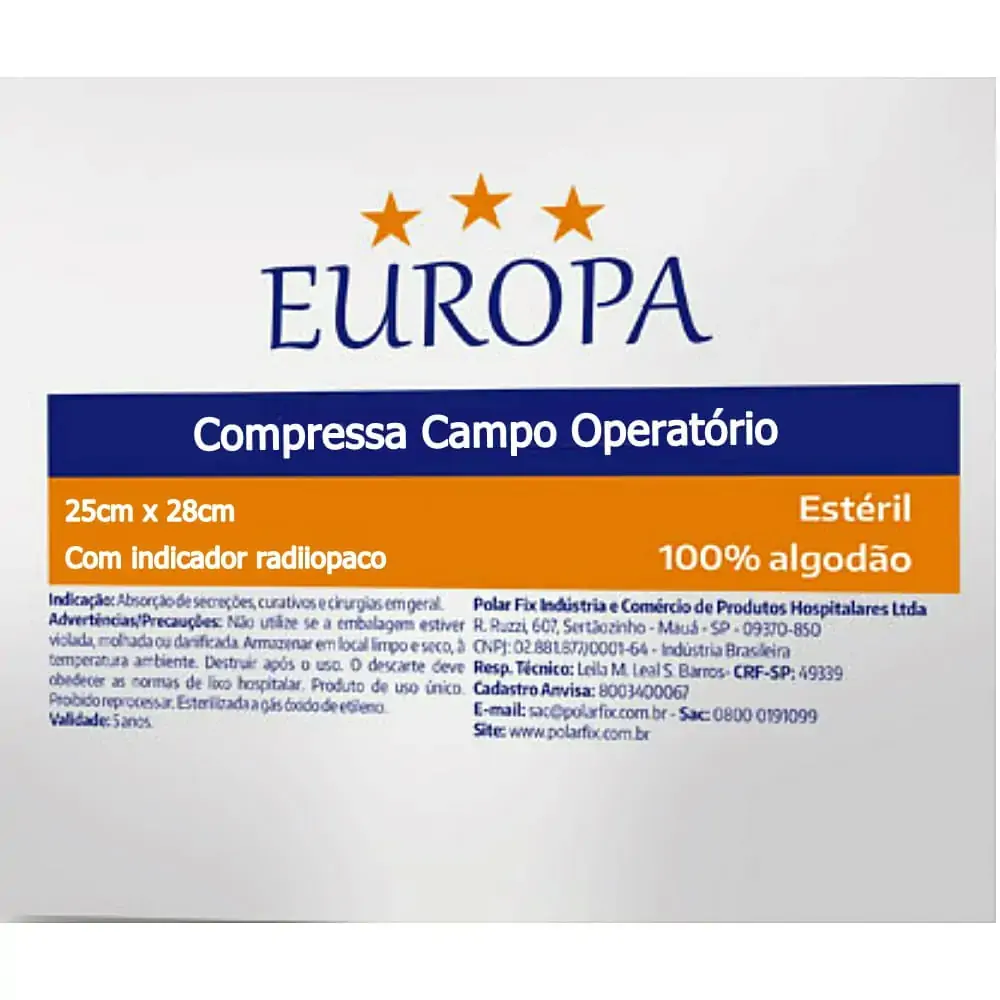 Compressa Campo Operatório Europa - 25cmx28cm - Estéril - 05 unidades