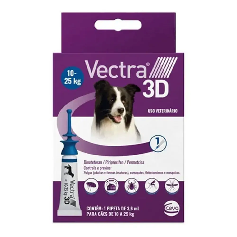 Antipulgas e Carrapatos Vectra 3D Cão de 10 a 25kg - 1 pipeta 3,6ml - 1 Pipeta