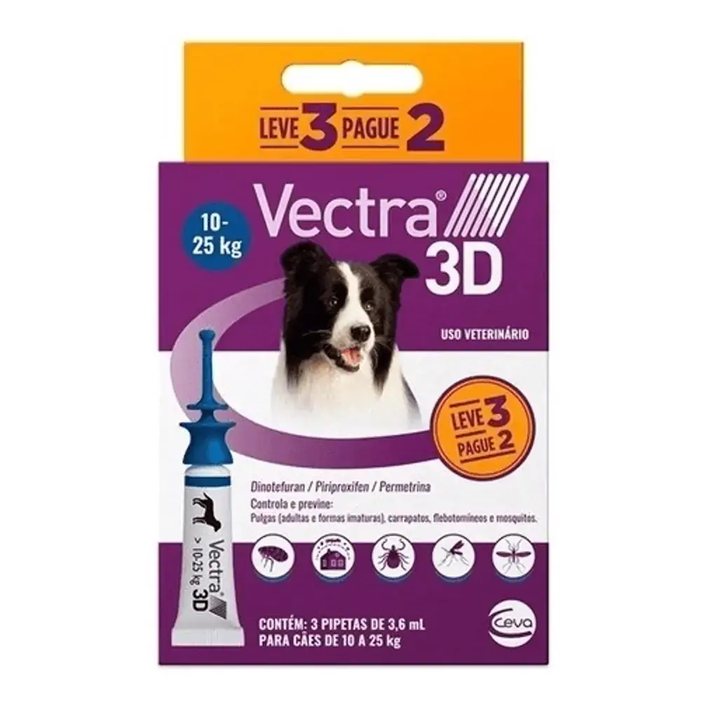 Antipulgas e Carrapatos Vectra 3D Cão de 10 a 25kg - 3 pipetas 3,6ml