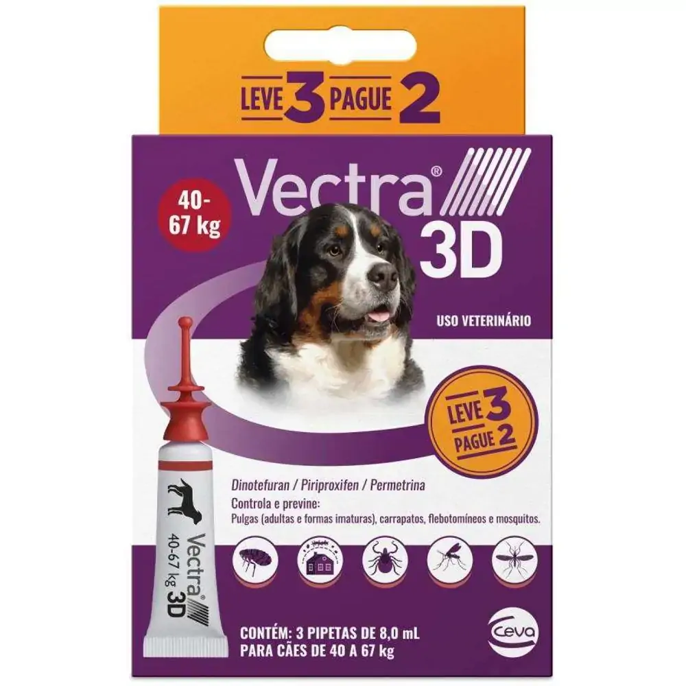 Antipulgas e Carrapatos Vectra 3D Cão de 40 a 67kg - 3 pipeta 8ml - 3 Pipetas