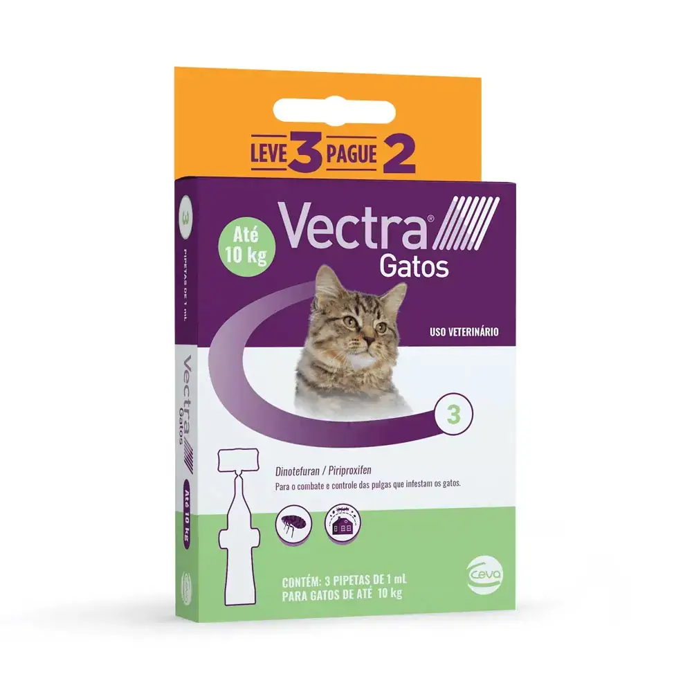 Antipulgas e Carrapatos Vectra 3D Gato até 10 - 3 pipetas de 1ml - 3 Pipetas