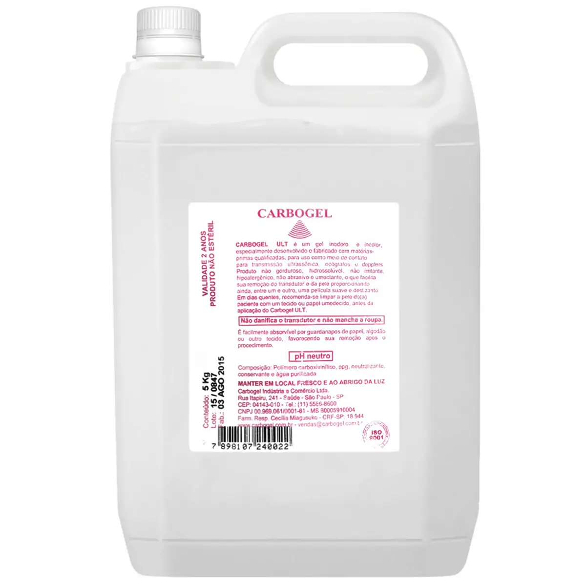 Gel Para Ultrassom, Ecógrafos E Dopplers - 5 Kg - Carbogel