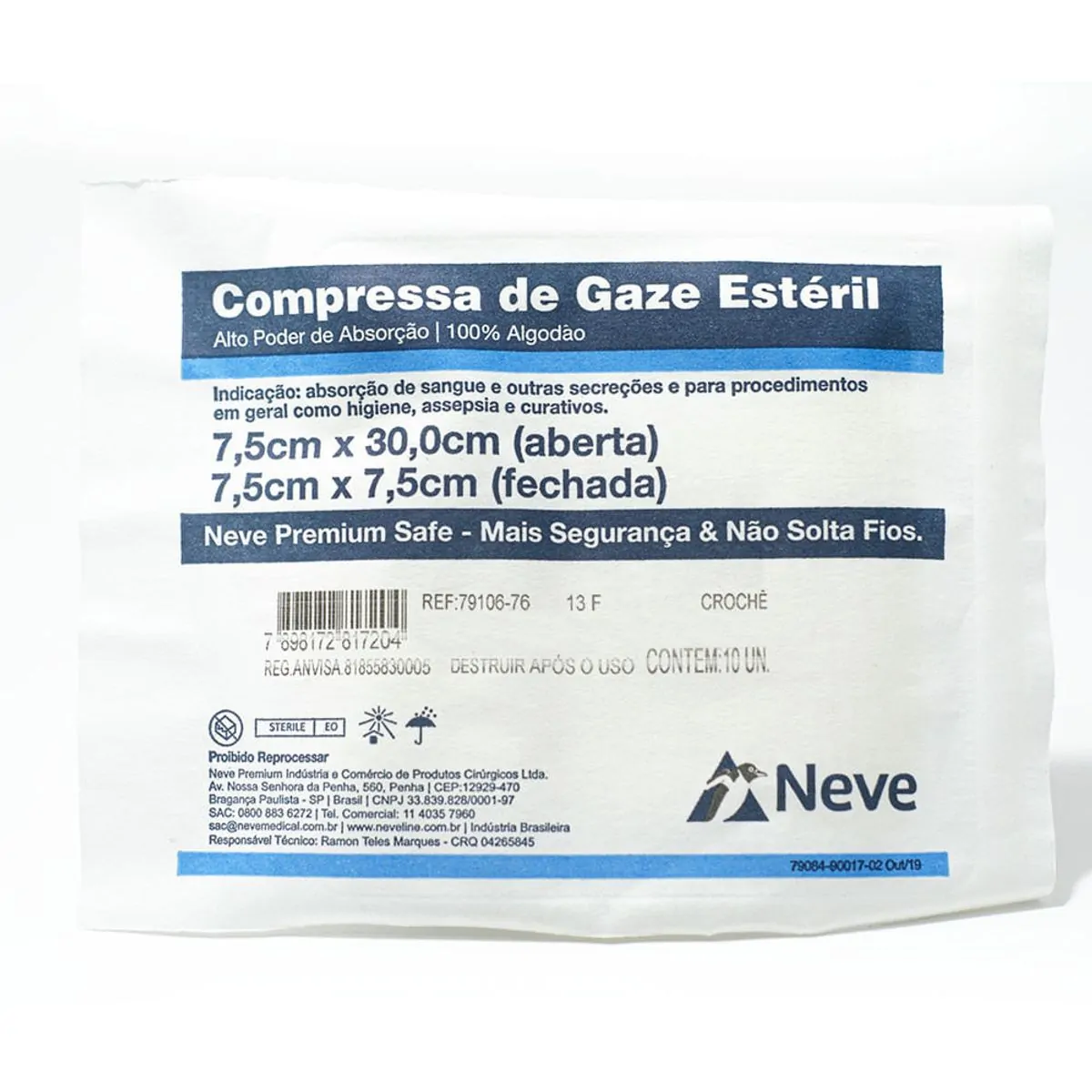 Compressa De Gaze Neve - 13 Fios - 7,5X7,5Cm - Crochê - Estéril - 10 Unidades