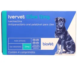 Ivervet 12mg Antiparasitário para Cães com 4 comprimidos Biovet