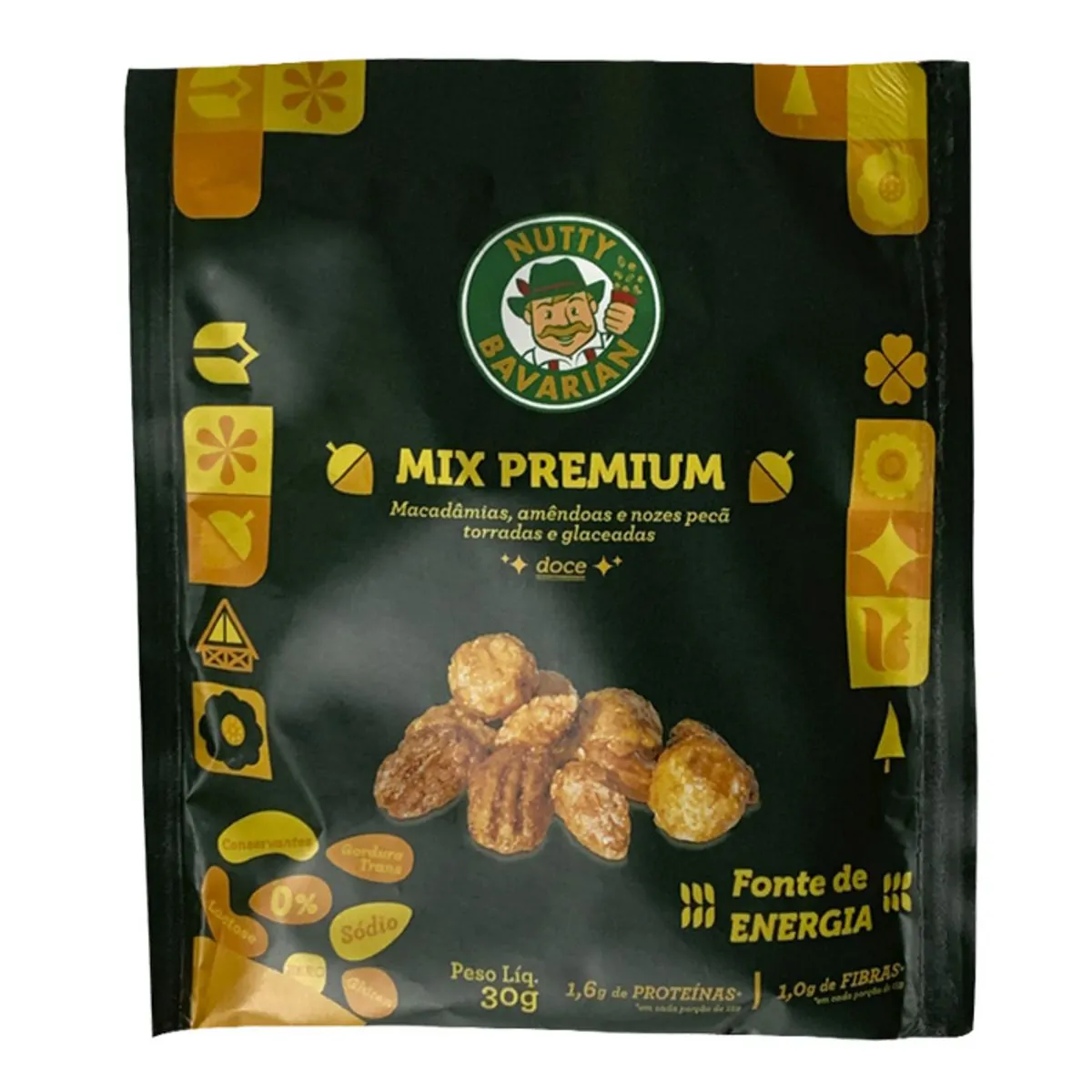 Mix De Macadâmia, Amêndoa e Noz-Pecã Torrada E Glaceada Nutty Bavarian 30g