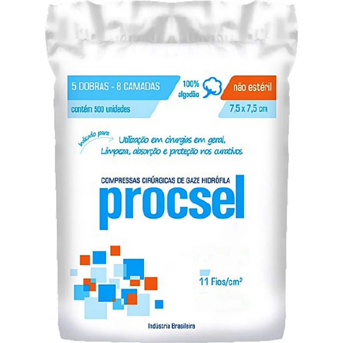 Compressa Cirúrgica De Gaze Hidrófila Procsel - 7.5X7.5Cm - 11 Fios - Não Estéril