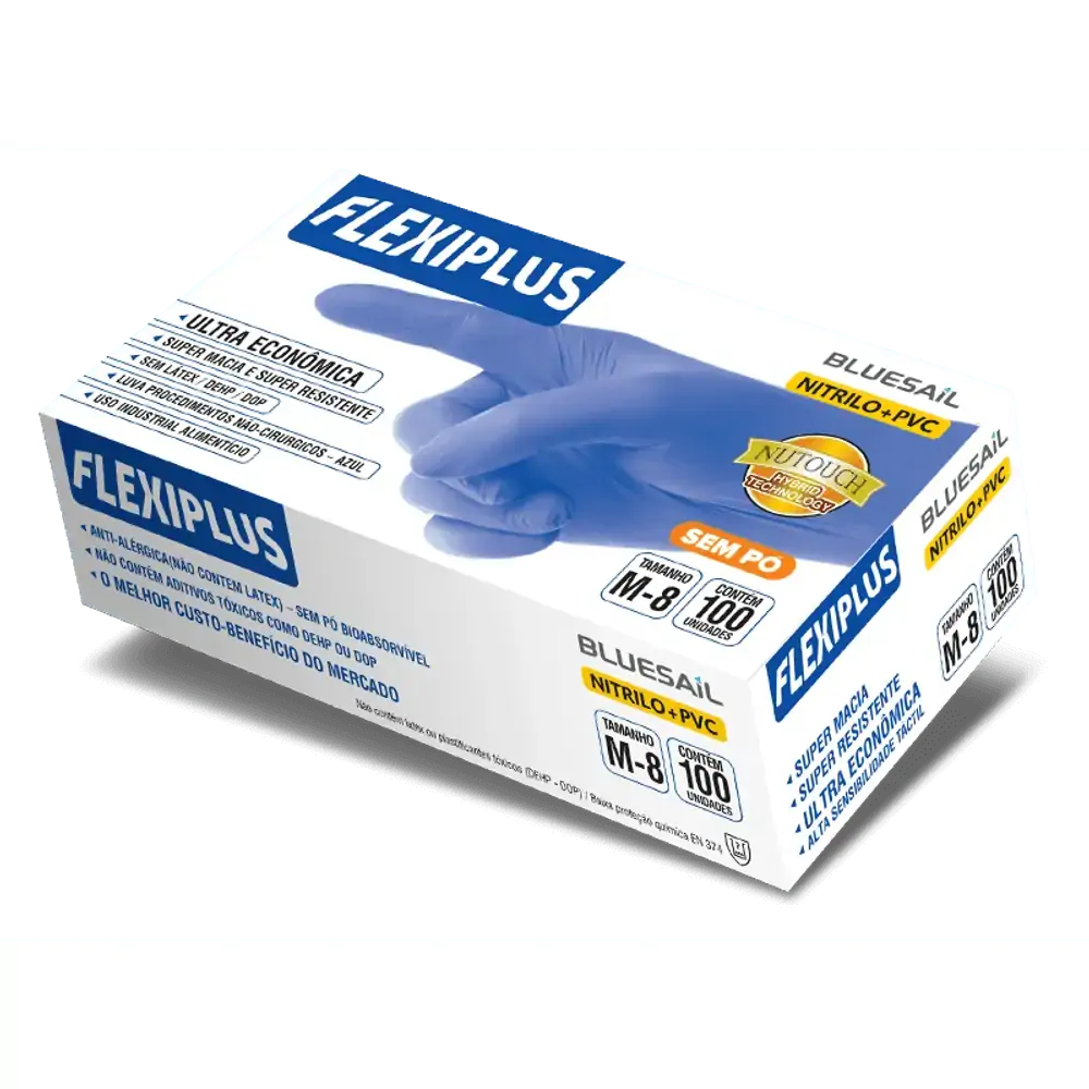 Luvas de Procedimentos Sem Pó Nitrilo+PVC Flexiplus Azul - Cx 100un - Blue Sail - GG