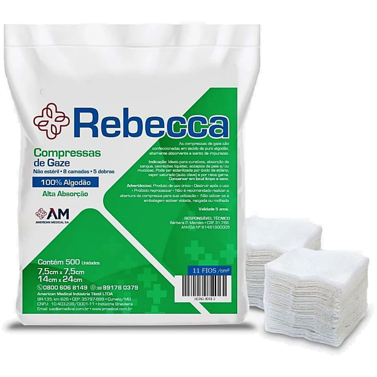 Compressa De Gaze Hidrófila Rebecca - 7.5 X 7.5 Cm 11 Fios - 500 Unidades