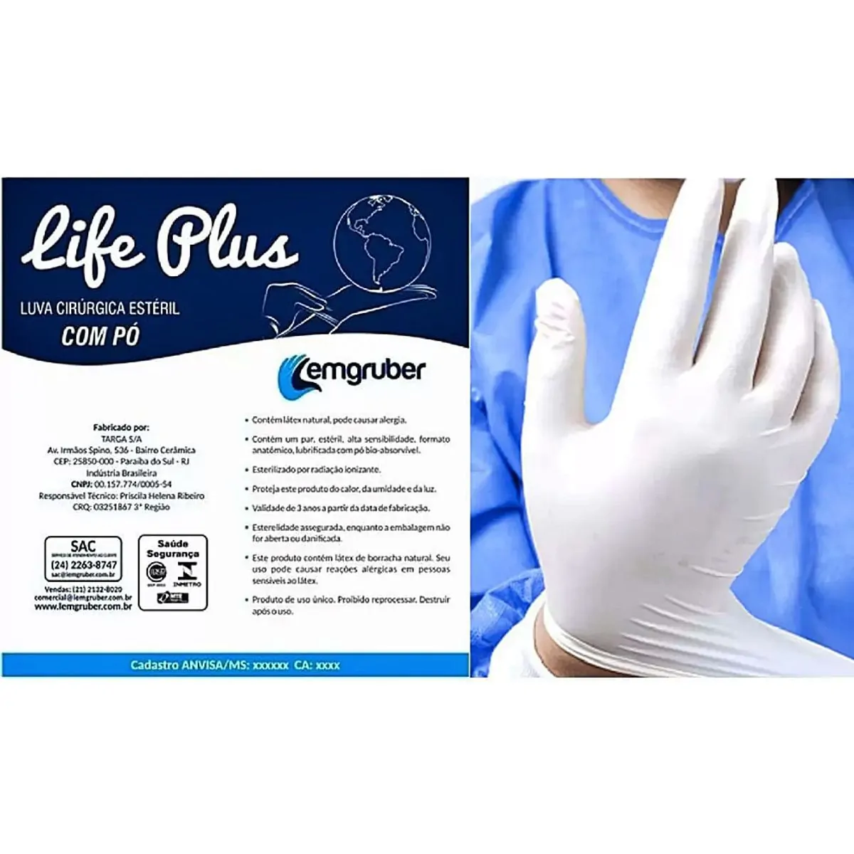 Luva Cirúrgica Estéril Lemgruber Life Plus - Tam 7.0