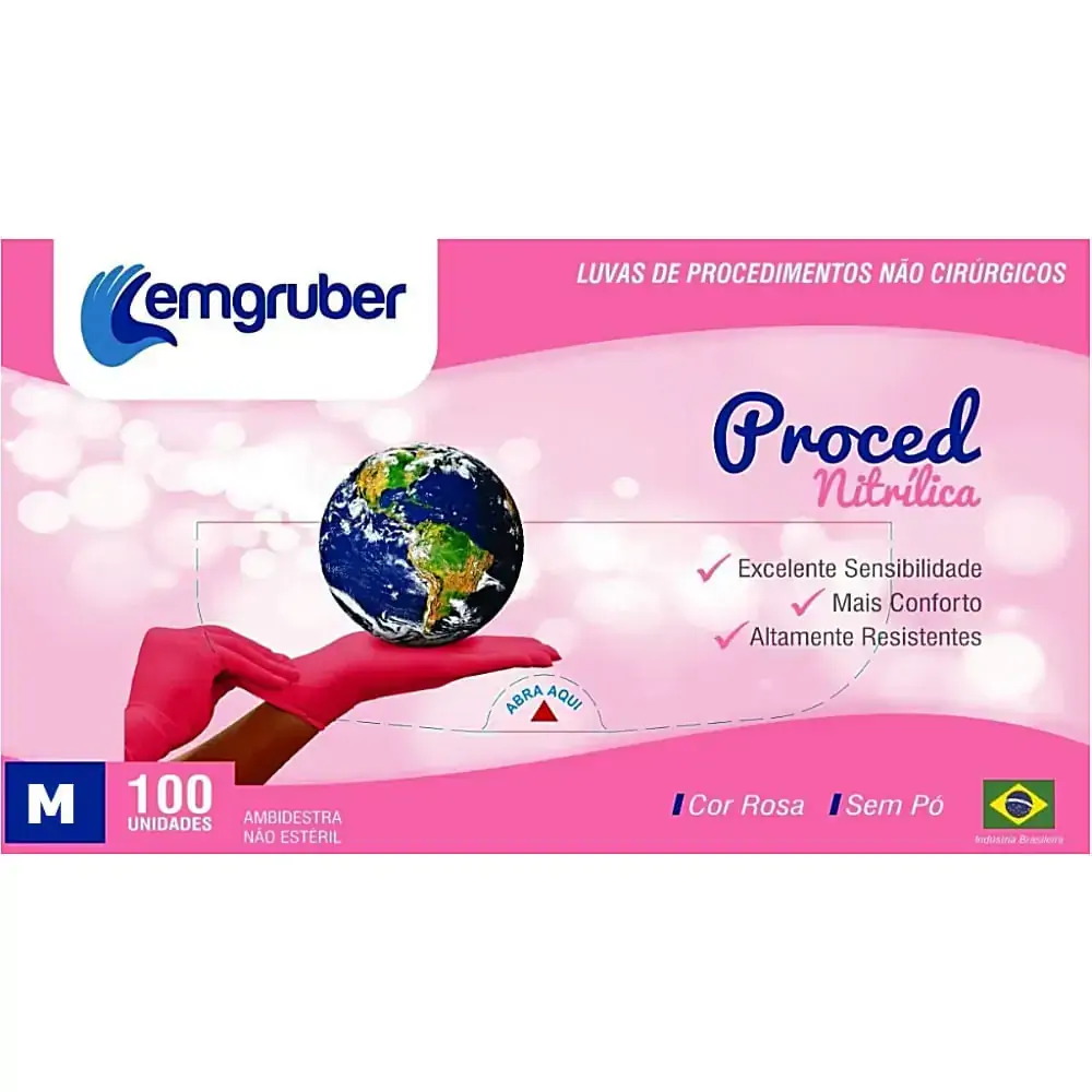Luva Nitrílica Proced Lemgruber Rosa - Sem Pó - 100 unidades - Tam M