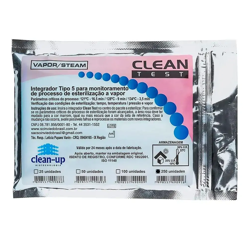 Indicador Integrador Químico Classe 5 Vapor Clean Test com 250 - Clean UP