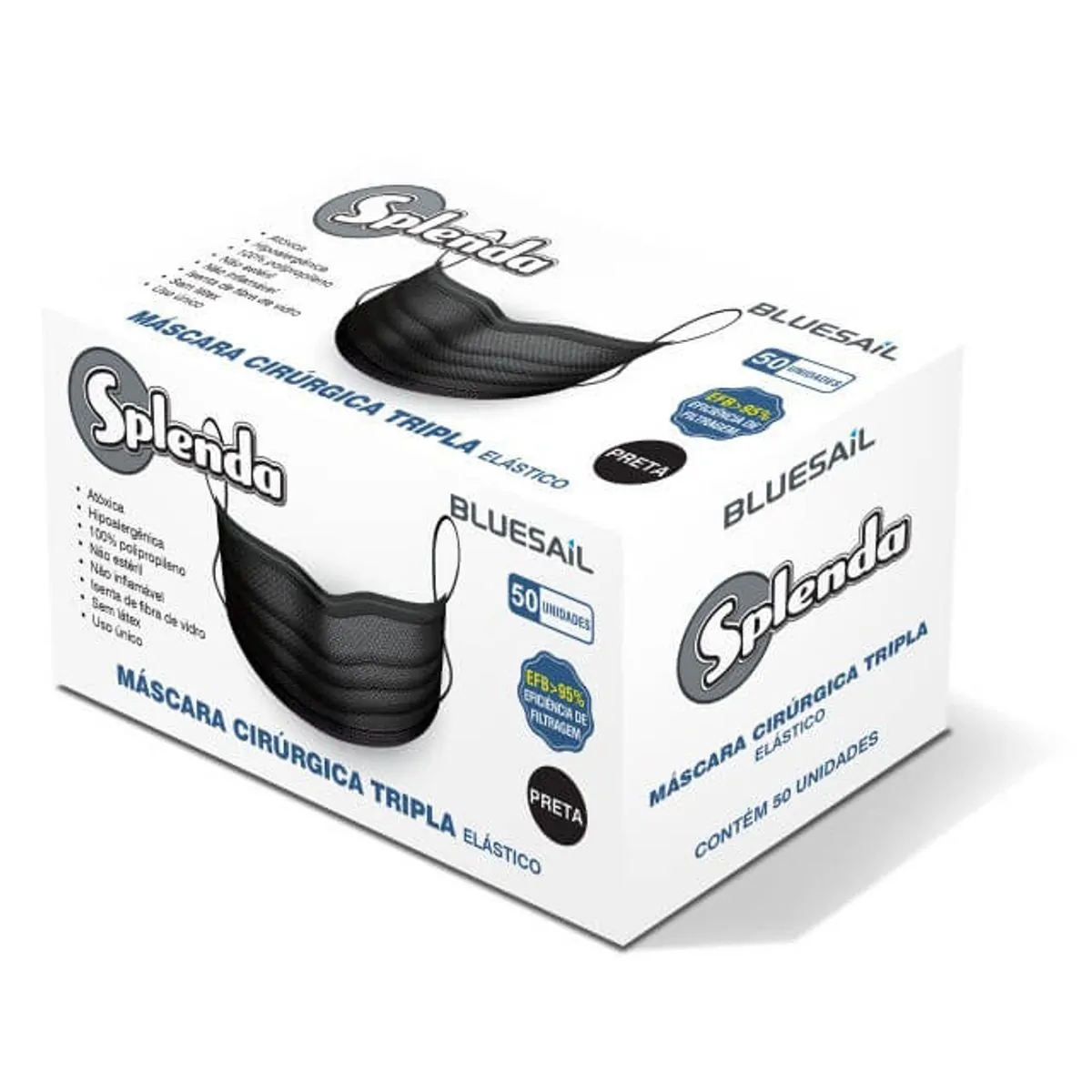 Máscara Descartável Tripla Proteção Azul com Elástico e Clip Nasal - Cx 50un - Blue Sail - 1 Caixa