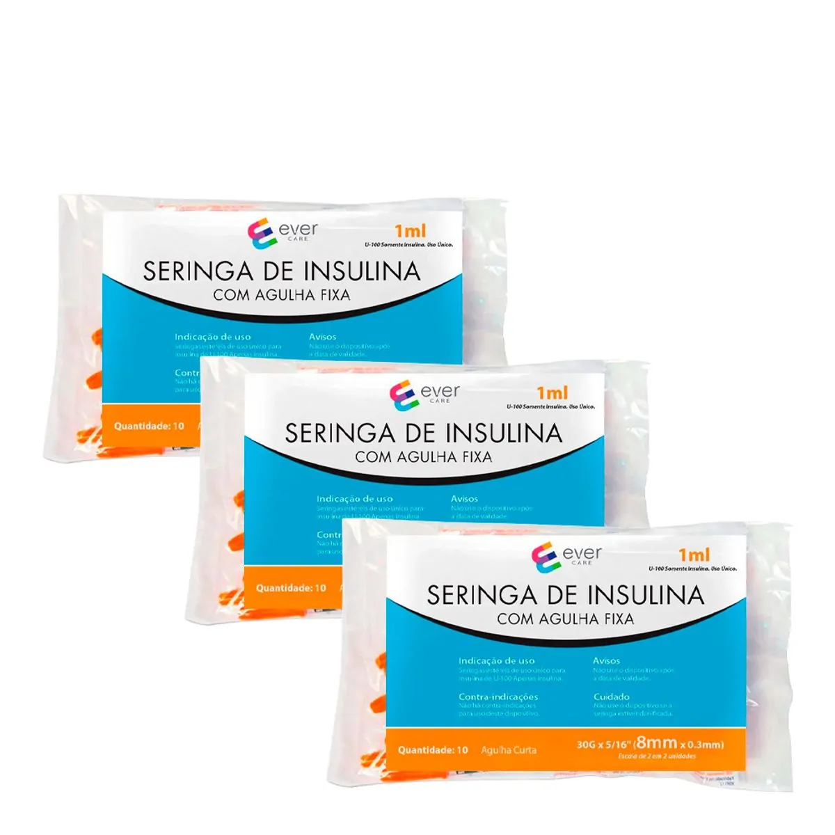 Seringa de Insulina Ever Care 1ml 8mm 10 Unidades