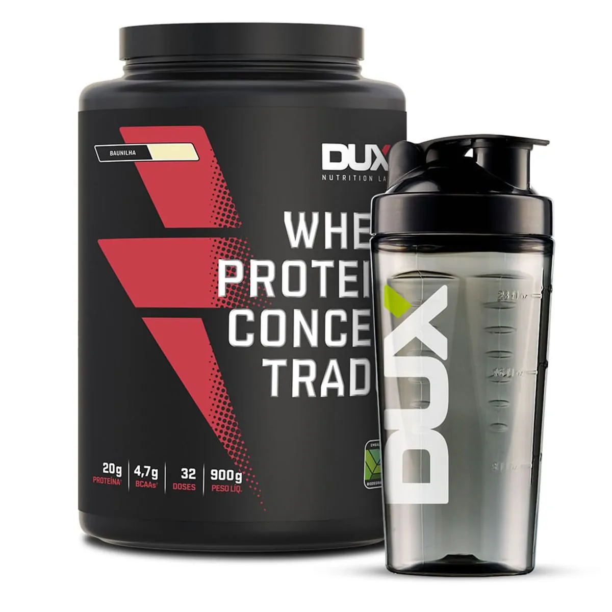 Whey Protein Concentrado 900G + Coqueteleira Dux Nutrition Sabor Morango
