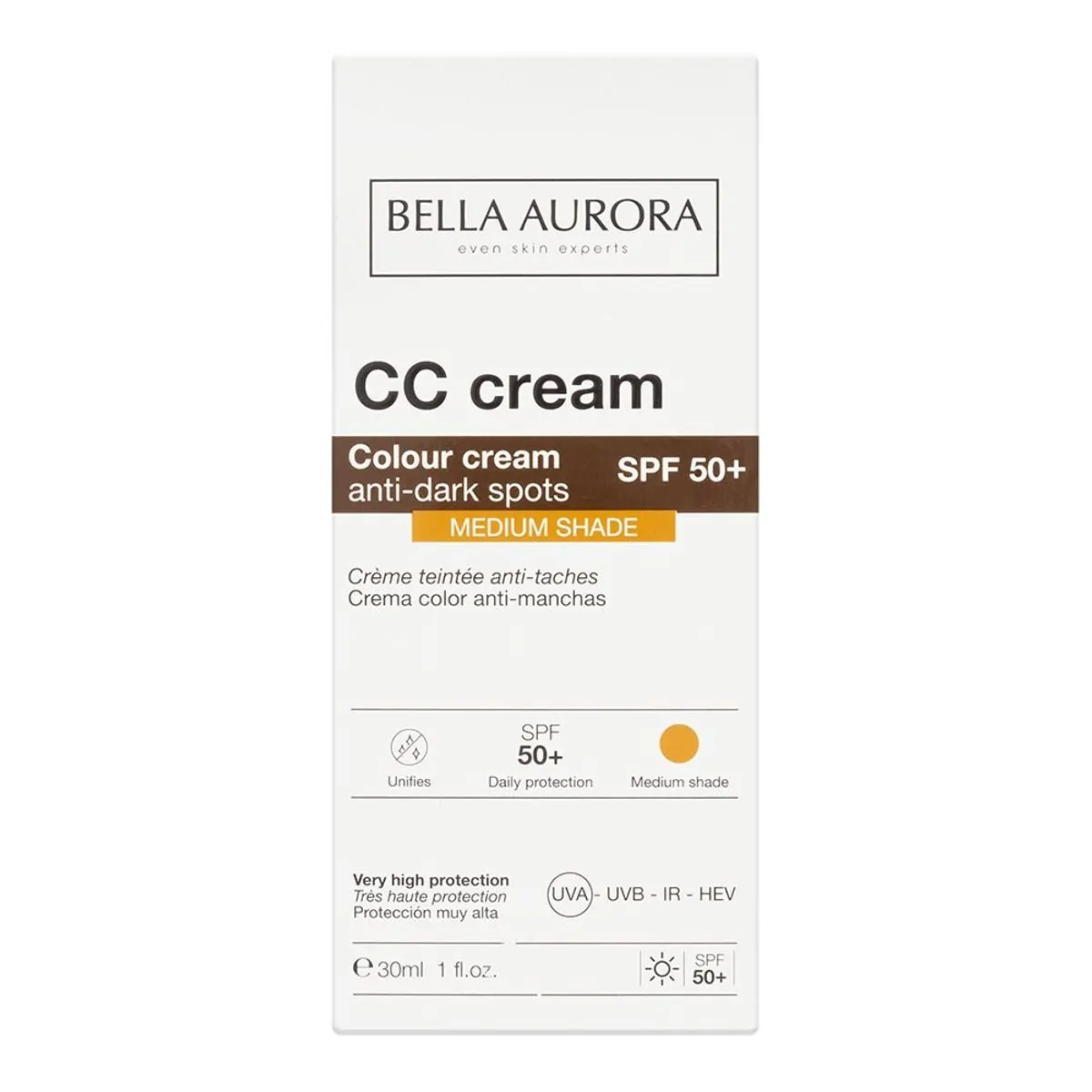 Cc Cream Bella Aurora Antimanchas Médio Fps 50+ 30ml