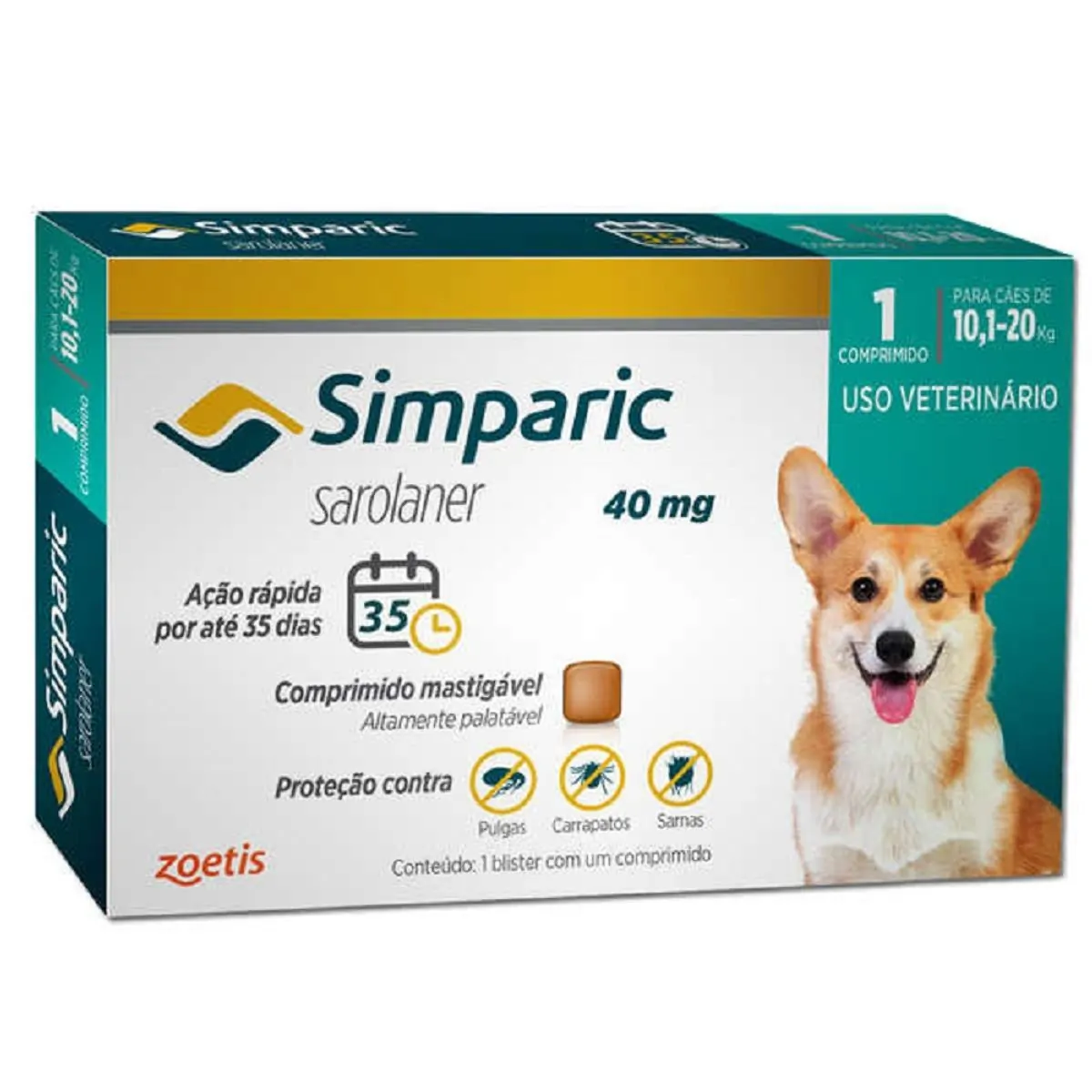 Antipulga Simparic para Cães de 10,1 a 20Kg 40mg