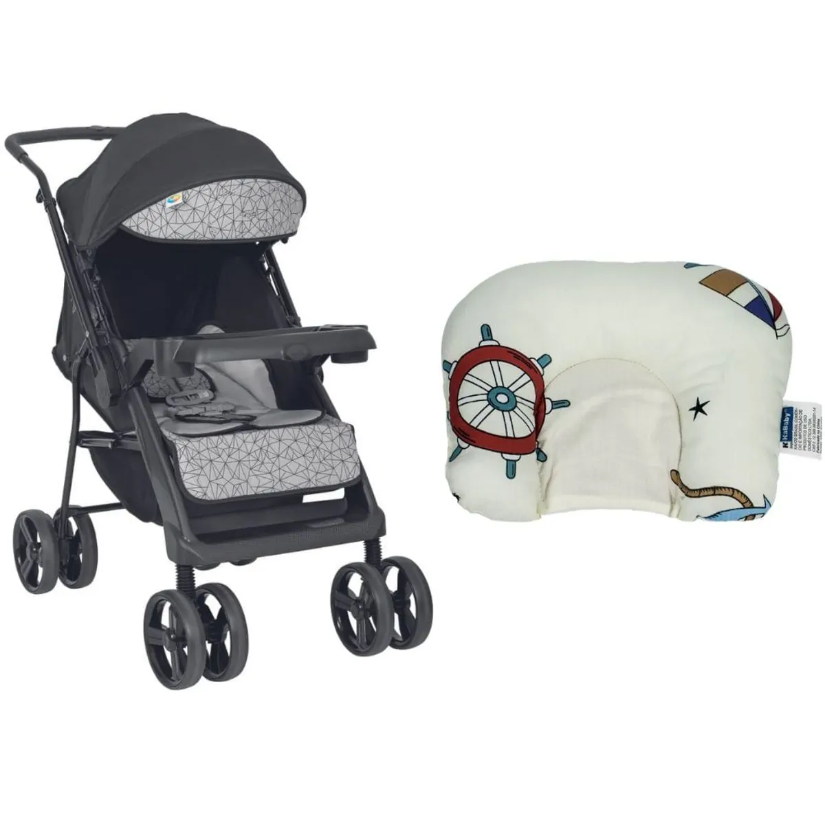 Carrinho de Bebê Joy II Tutti Baby Preto e Cinza + Suporte de Cabeça Almofadinha