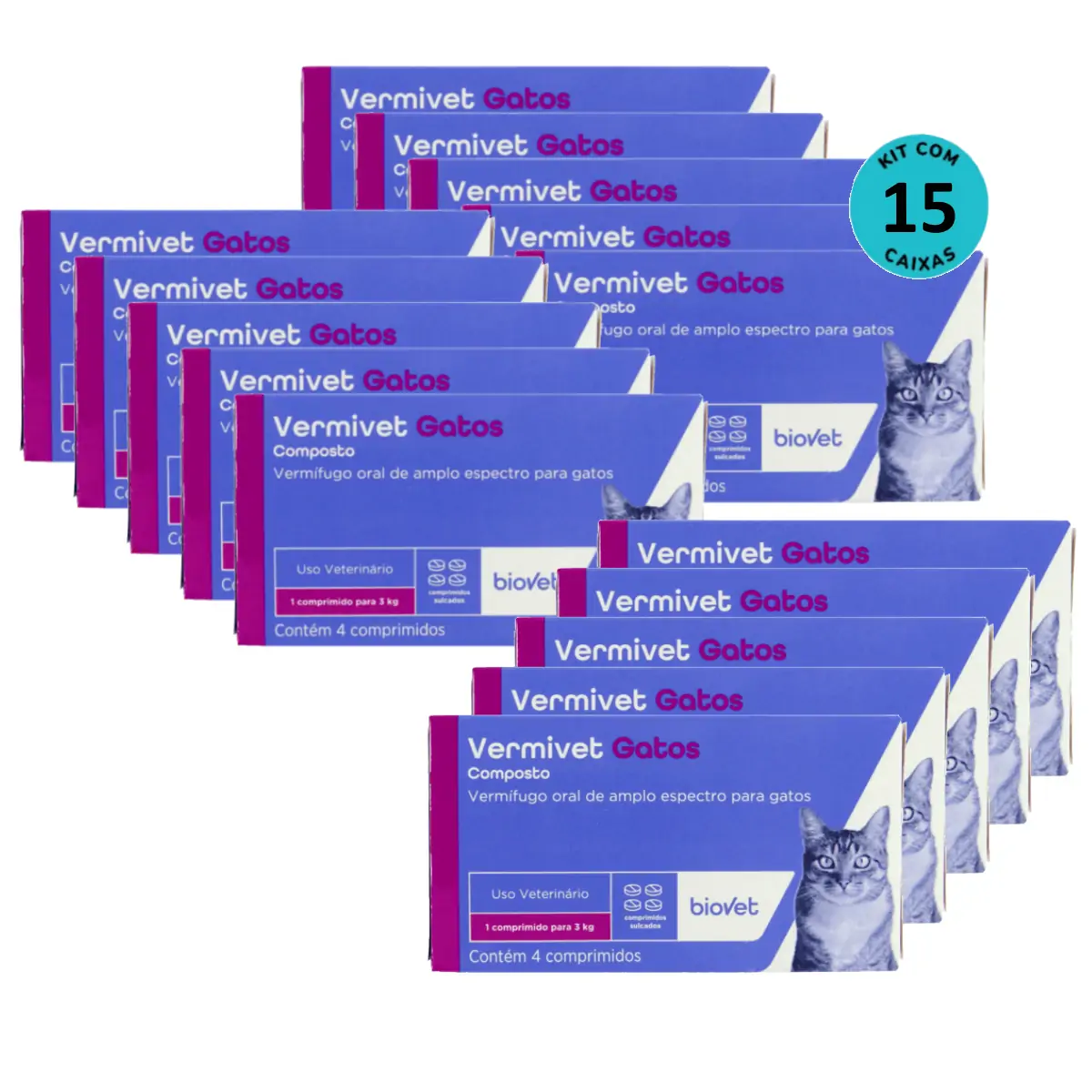 Vermífugo para Gatos Vermivet 300mg C/ 4 Comprimidos - Kit c/ 15 caixas